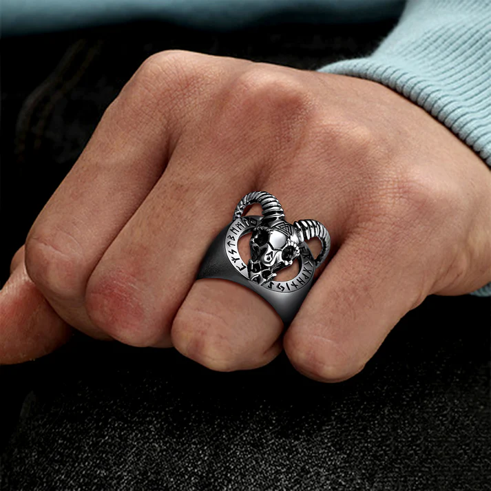 Viking Runes Satanic Goat Skull Ring