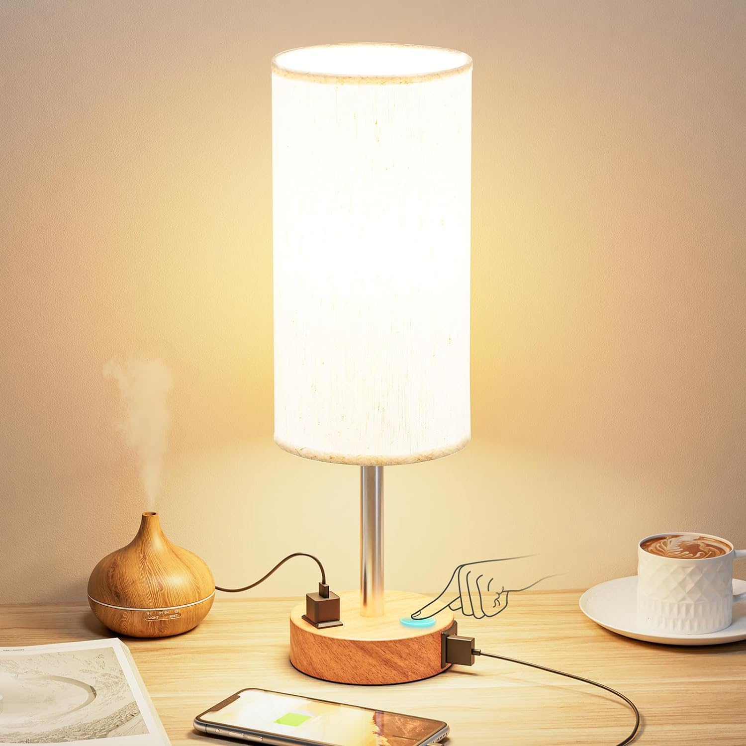 Dimmable Bedside Table Lamp Cylindrical Table Light Minimalist Night Stand Light Lamp USB Charging S