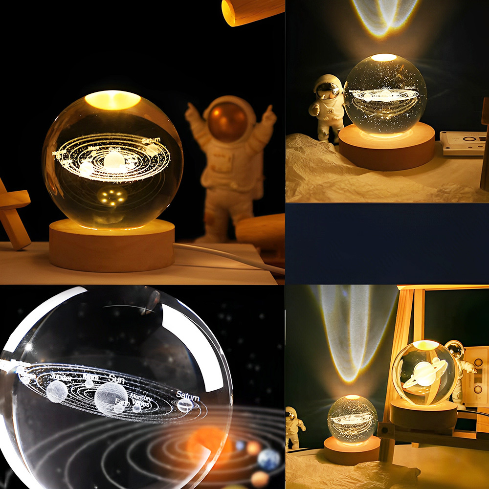 Wholesale Custom 3D Art Crystal Night Lamp Luminous Crystal Ball Decoration Solar System Led Night L