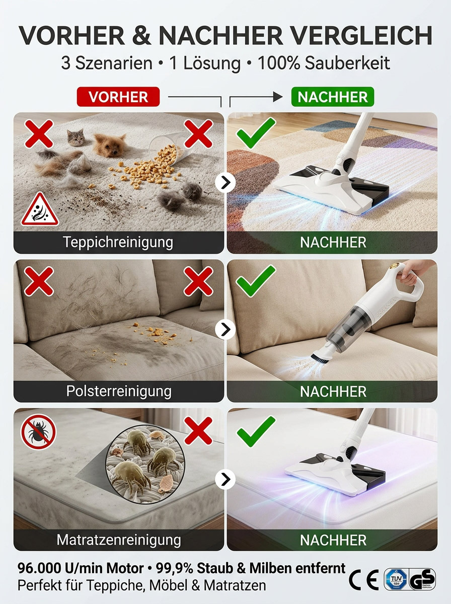 2-in-1 Staub- & Bodenreiniger | 99,9 % Milbenentfernung & Desinfektion