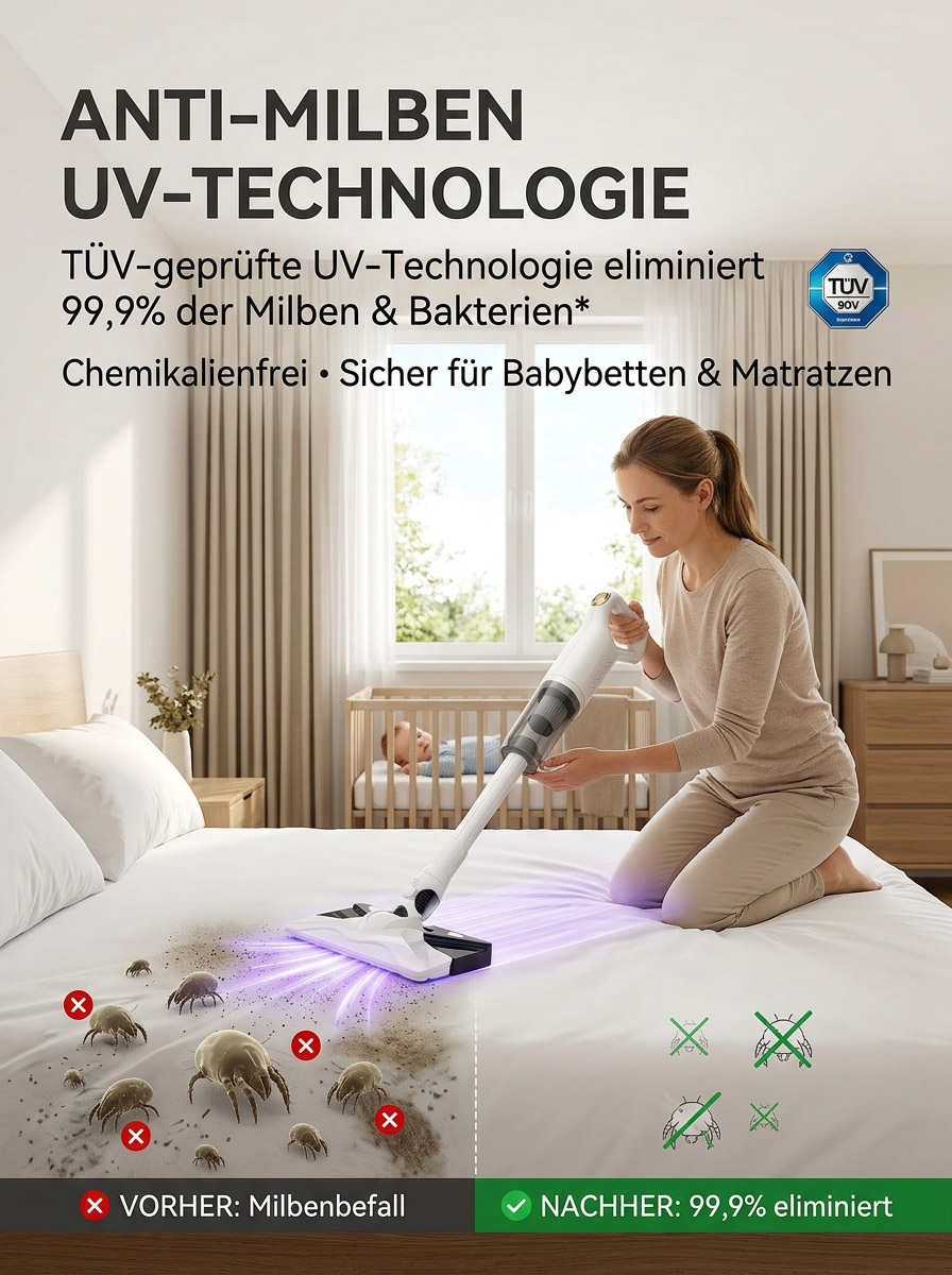 2-in-1 Staub- & Bodenreiniger | 99,9 % Milbenentfernung & Desinfektion