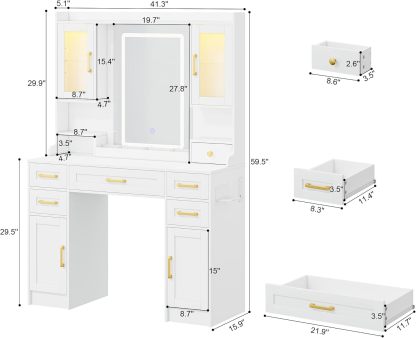 KAMABOKO 3 in 1 Vanity Desk with Mirror and LED Lights, Tall Makeup Vanity Set, Human Sensor Led Light, Charging Station & Chair, Strong Storage, Multi-Function, for Bedroom (Black)