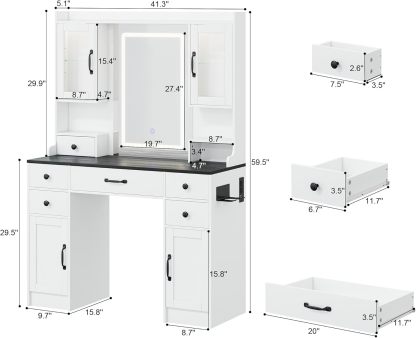 KAMABOKO 3 in 1 Vanity Desk with Mirror and LED Lights, Tall Makeup Vanity Set, Human Sensor Led Light, Charging Station & Chair, Strong Storage, Multi-Function, for Bedroom (Black)