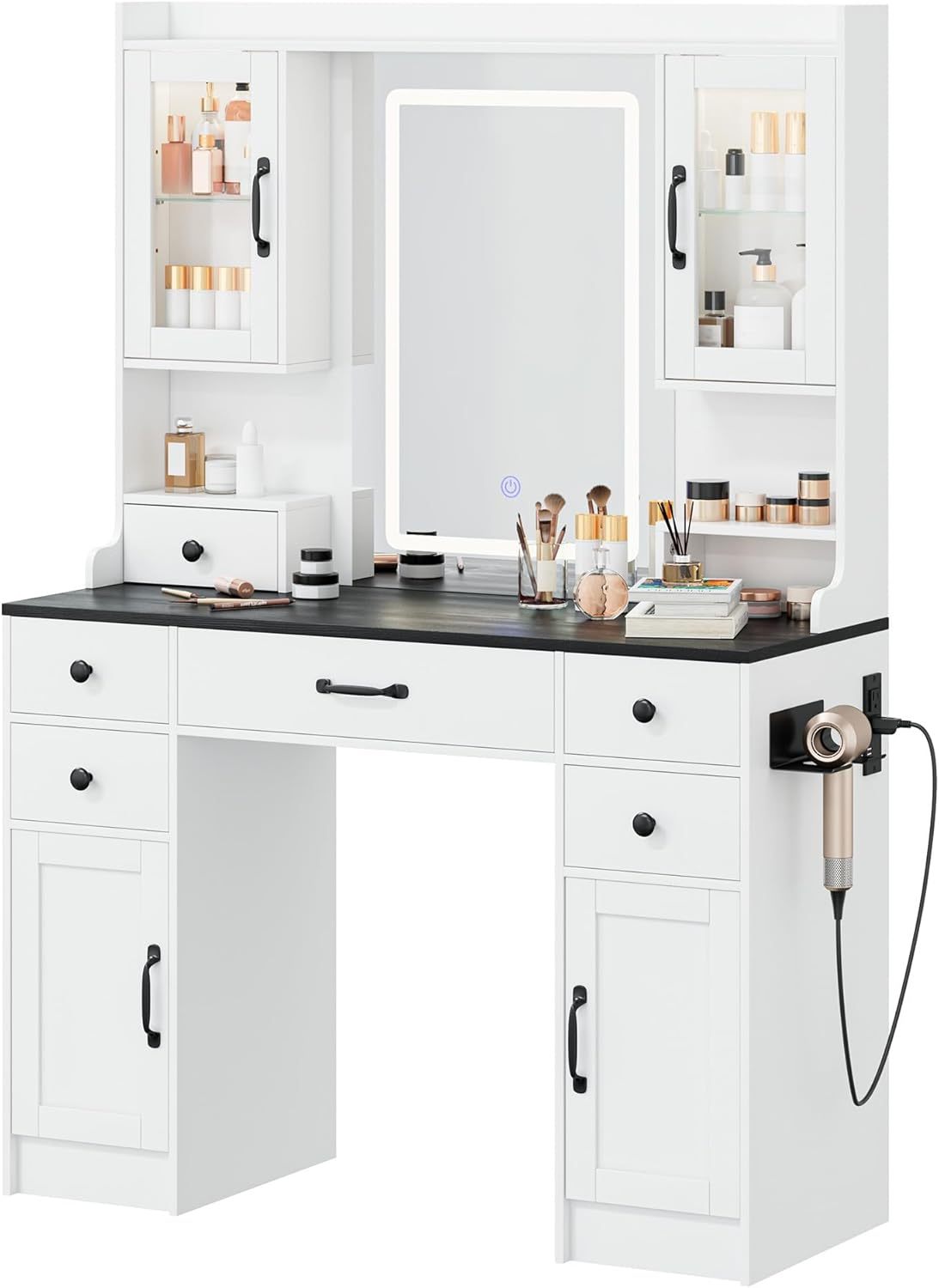 KAMABOKO 3 in 1 Vanity Desk with Mirror and LED Lights, Tall Makeup Vanity Set, Human Sensor Led Light, Charging Station & Chair, Strong Storage, Multi-Function, for Bedroom (Black)