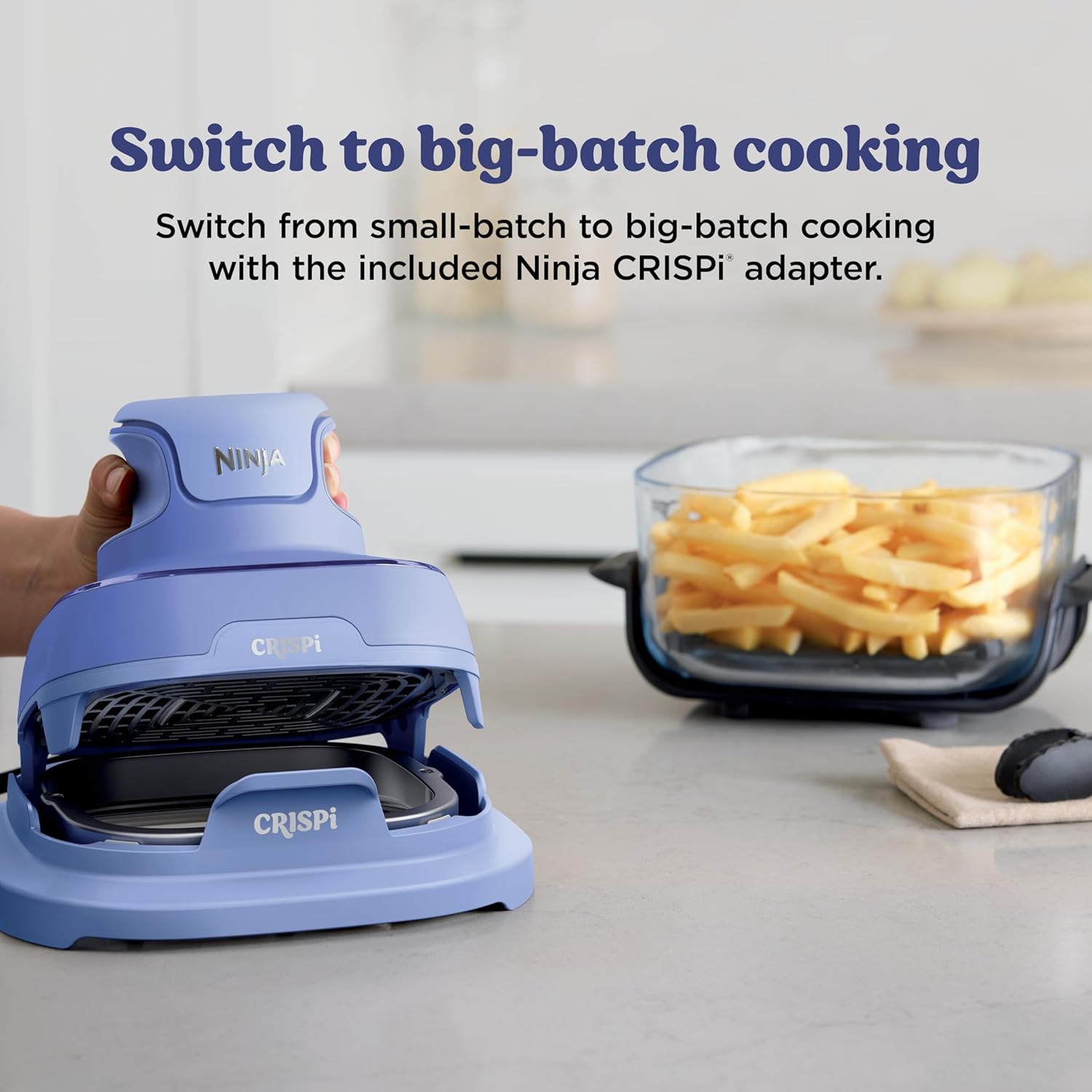 nthtinja Crispi 4-in-1 Portable Glass Air Fryer Cooking System, 1500W, 4QT & 6-Cup TempWare Glass Containers with Storage Lids, Microwave, Freezer & Dishwasher Safe, Cyberspace Gray, FN101GY