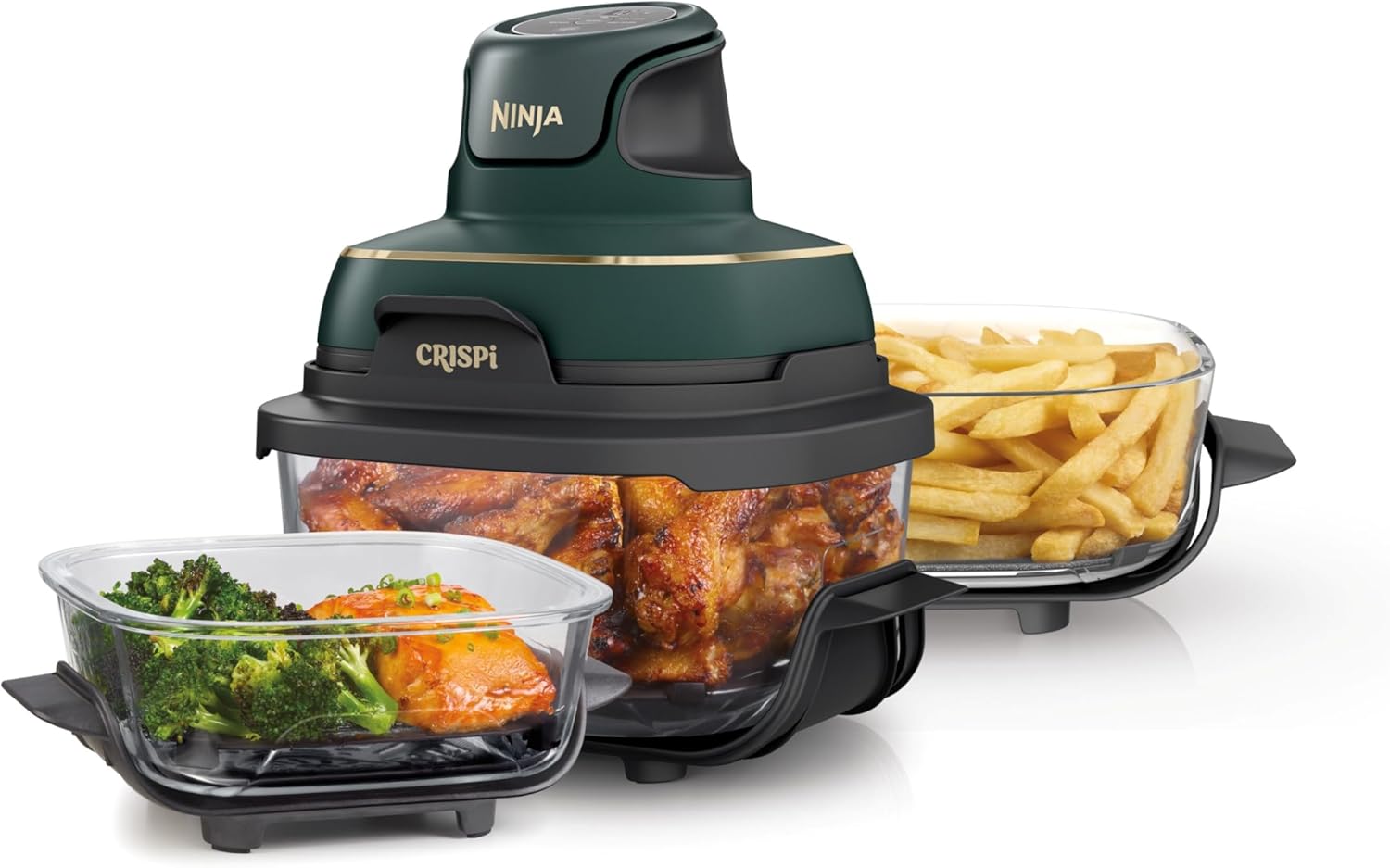 nthtinja Crispi 4-in-1 Portable Glass Air Fryer Cooking System, 1500W, 4QT & 6-Cup TempWare Glass Containers with Storage Lids, Microwave, Freezer & Dishwasher Safe, Cyberspace Gray, FN101GY