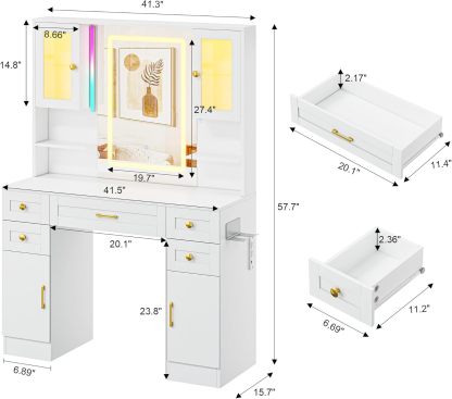 KAMABOKO 3 in 1 Vanity Desk with Mirror and LED Lights, Tall Makeup Vanity Set, Human Sensor Led Light, Charging Station & Chair, Strong Storage, Multi-Function, for Bedroom (Black)