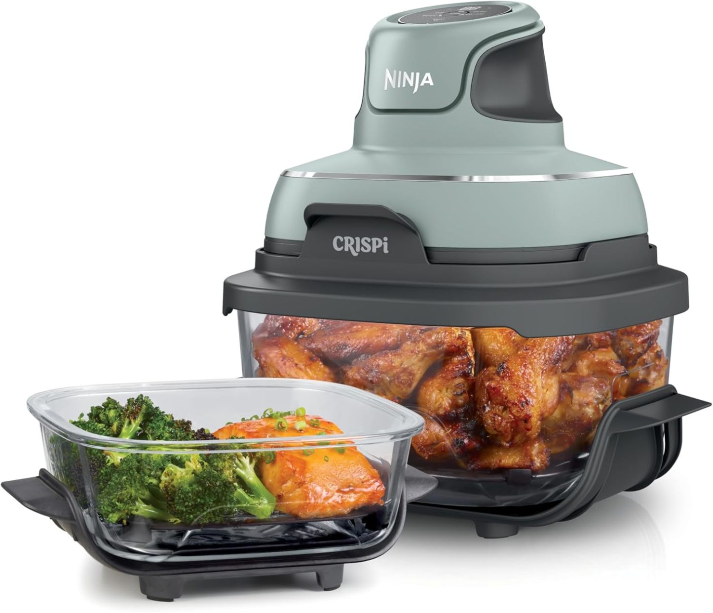 nthtinja Crispi 4-in-1 Portable Glass Air Fryer Cooking System, 1500W, 4QT & 6-Cup TempWare Glass Containers with Storage Lids, Microwave, Freezer & Dishwasher Safe, Cyberspace Gray, FN101GY