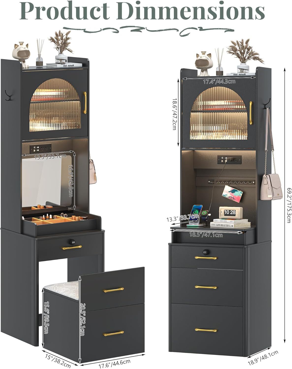 KAMABOKO 3 in 1 Vanity Desk with Mirror and LED Lights, Tall Makeup Vanity Set, Human Sensor Led Light, Charging Station & Chair, Strong Storage, Multi-Function, for Bedroom (Black)