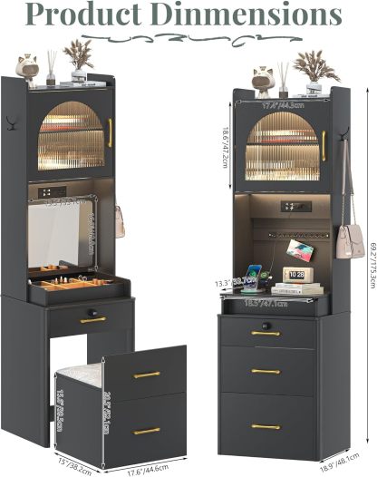 KAMABOKO 3 in 1 Vanity Desk with Mirror and LED Lights, Tall Makeup Vanity Set, Human Sensor Led Light, Charging Station & Chair, Strong Storage, Multi-Function, for Bedroom (Black)