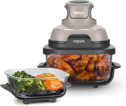 nthtinja Crispi 4-in-1 Portable Glass Air Fryer Cooking System, 1500W, 4QT & 6-Cup TempWare Glass Containers with Storage Lids, Microwave, Freezer & Dishwasher Safe, Cyberspace Gray, FN101GY