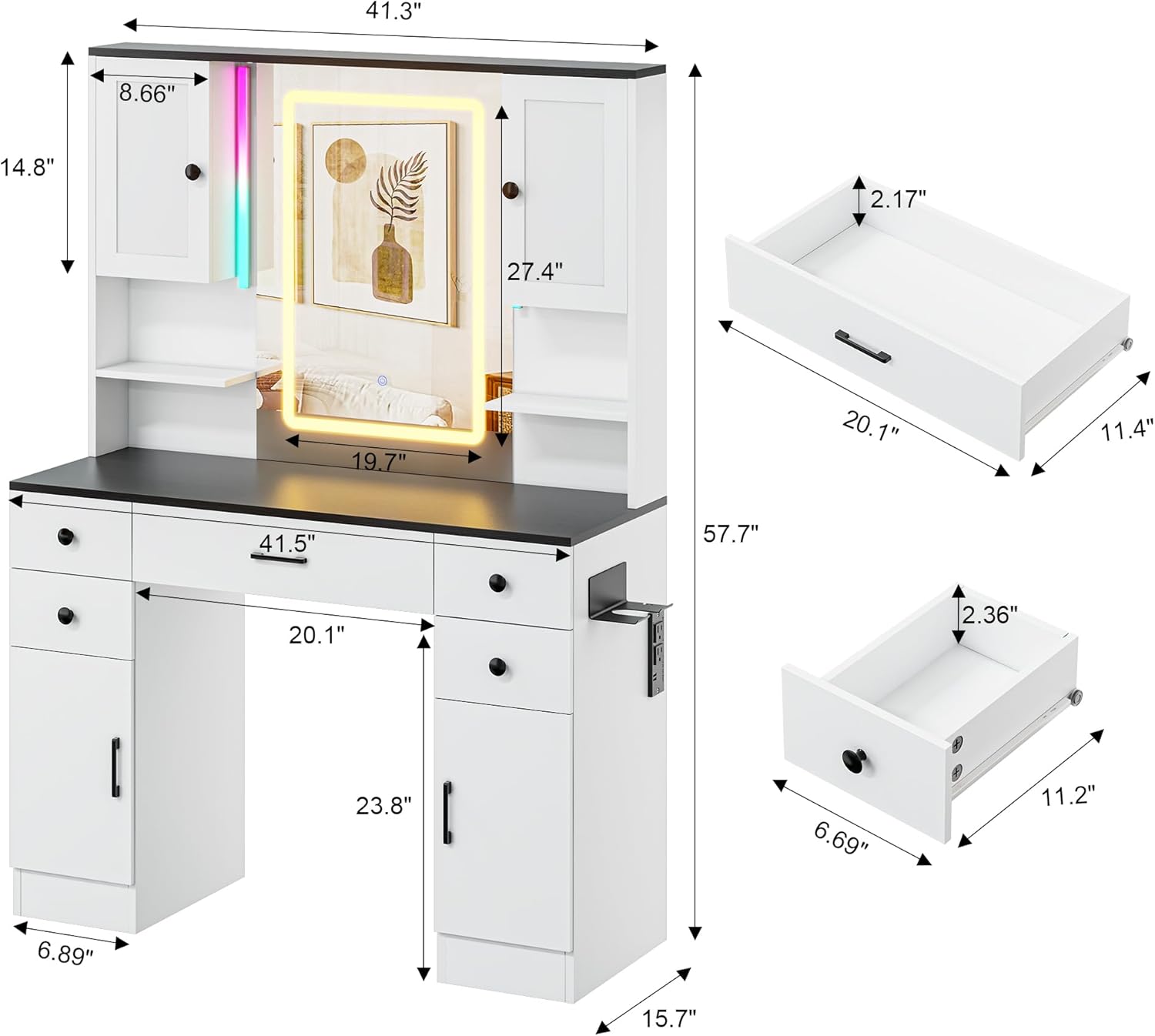 KAMABOKO 3 in 1 Vanity Desk with Mirror and LED Lights, Tall Makeup Vanity Set, Human Sensor Led Light, Charging Station & Chair, Strong Storage, Multi-Function, for Bedroom (Black)