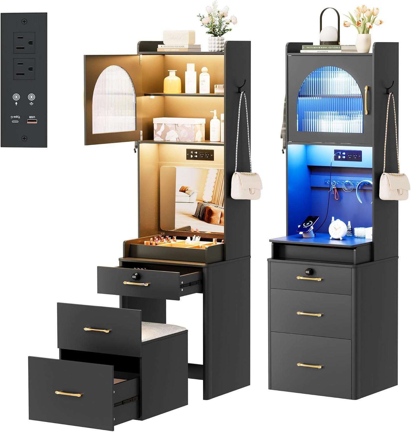 KAMABOKO 3 in 1 Vanity Desk with Mirror and LED Lights, Tall Makeup Vanity Set, Human Sensor Led Light, Charging Station & Chair, Strong Storage, Multi-Function, for Bedroom (Black)