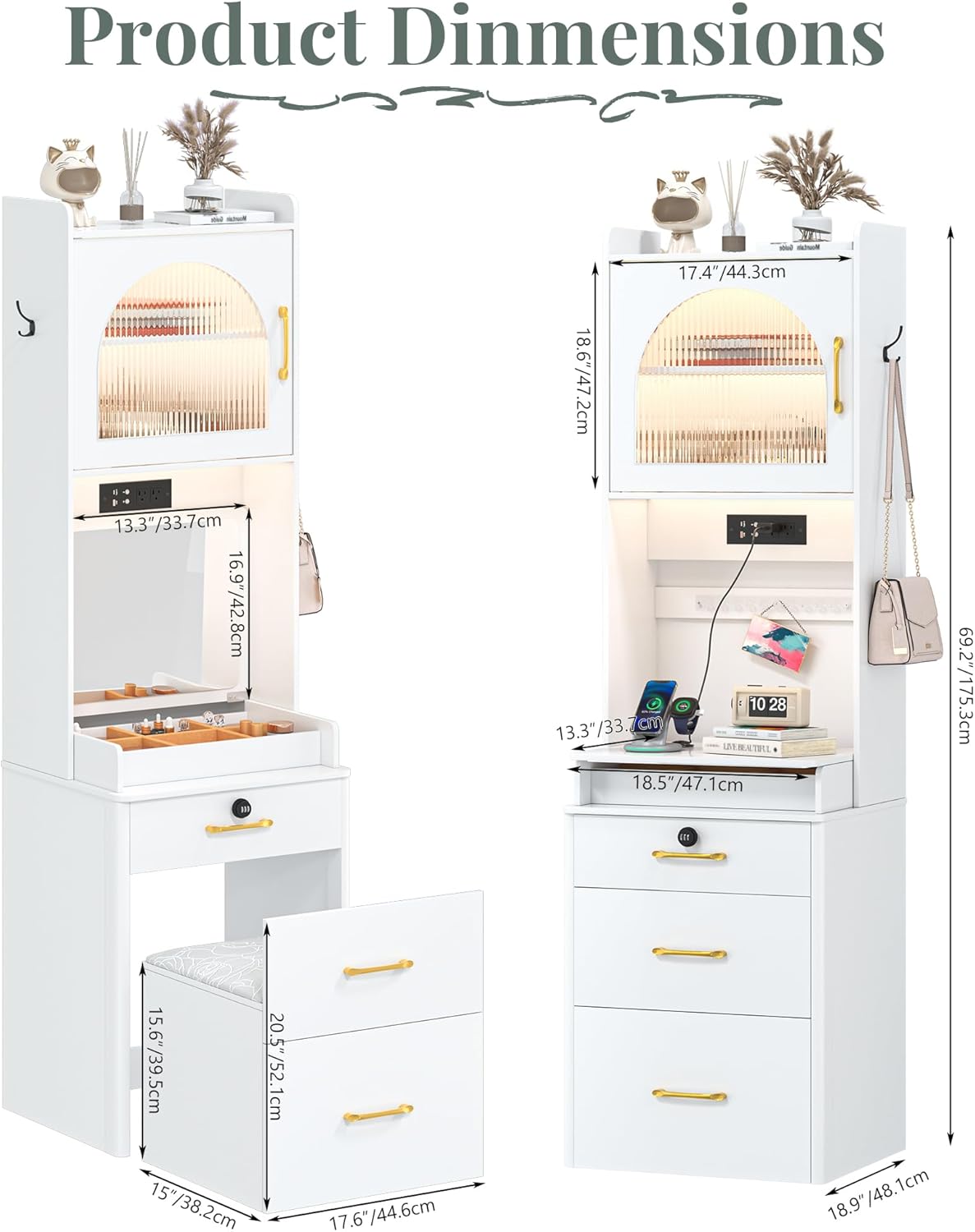 KAMABOKO 3 in 1 Vanity Desk with Mirror and LED Lights, Tall Makeup Vanity Set, Human Sensor Led Light, Charging Station & Chair, Strong Storage, Multi-Function, for Bedroom (Black)