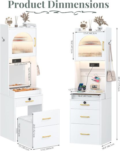 KAMABOKO 3 in 1 Vanity Desk with Mirror and LED Lights, Tall Makeup Vanity Set, Human Sensor Led Light, Charging Station & Chair, Strong Storage, Multi-Function, for Bedroom (Black)