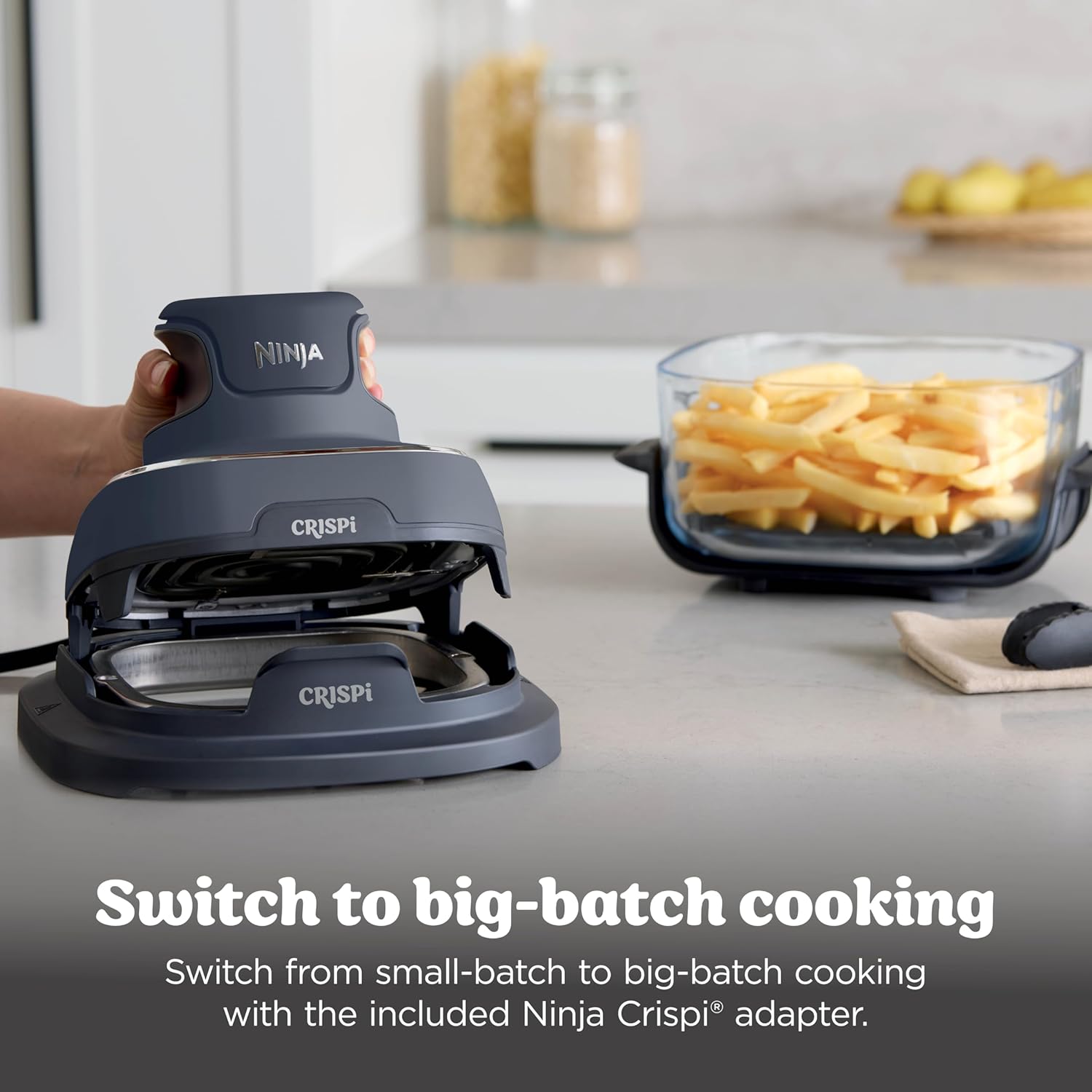 nthtinja Crispi 4-in-1 Portable Glass Air Fryer Cooking System, 1500W, 4QT & 6-Cup TempWare Glass Containers with Storage Lids, Microwave, Freezer & Dishwasher Safe, Cyberspace Gray, FN101GY