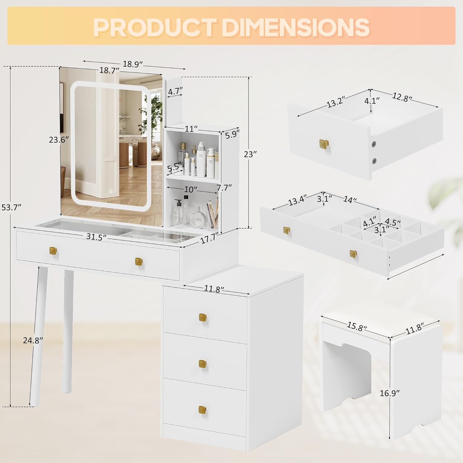 KAMABOKO 3 in 1 Vanity Desk with Mirror and LED Lights, Tall Makeup Vanity Set, Human Sensor Led Light, Charging Station & Chair, Strong Storage, Multi-Function, for Bedroom (Black)