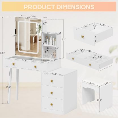 KAMABOKO 3 in 1 Vanity Desk with Mirror and LED Lights, Tall Makeup Vanity Set, Human Sensor Led Light, Charging Station & Chair, Strong Storage, Multi-Function, for Bedroom (Black)