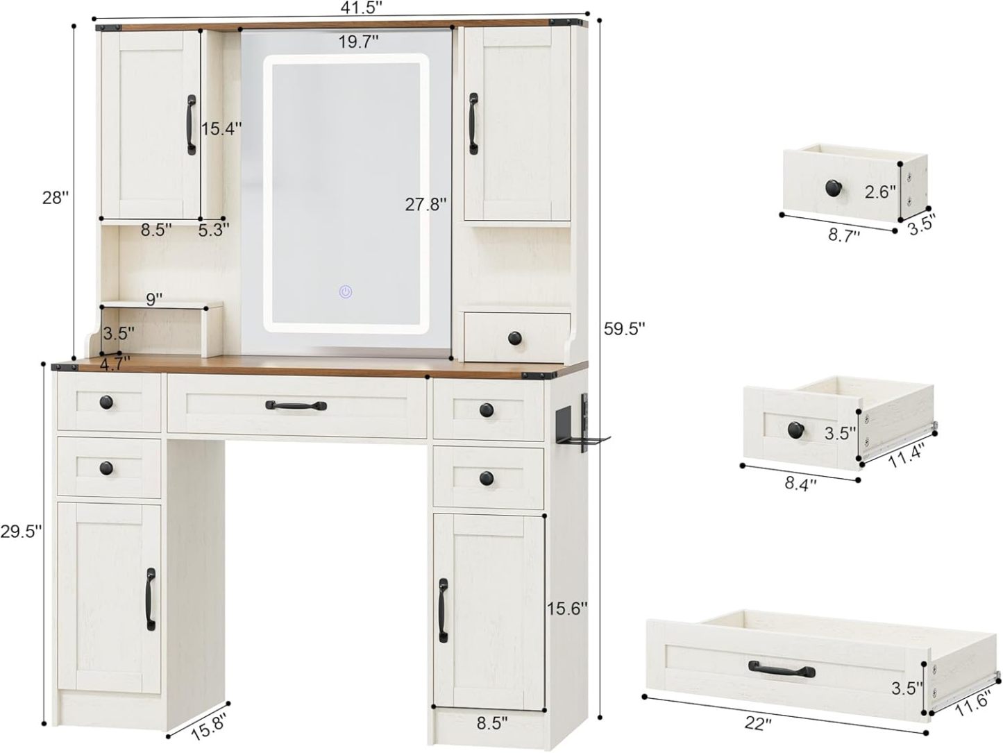 KAMABOKO 3 in 1 Vanity Desk with Mirror and LED Lights, Tall Makeup Vanity Set, Human Sensor Led Light, Charging Station & Chair, Strong Storage, Multi-Function, for Bedroom (Black)