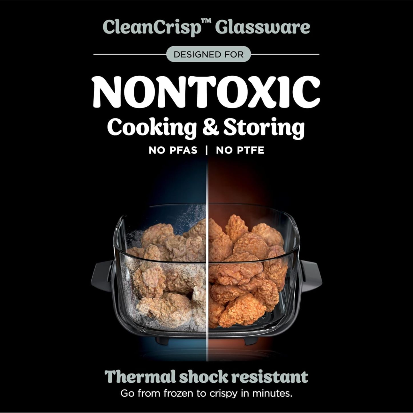 nthtinja Crispi 4-in-1 Portable Glass Air Fryer Cooking System, 1500W, 4QT & 6-Cup TempWare Glass Containers with Storage Lids, Microwave, Freezer & Dishwasher Safe, Cyberspace Gray, FN101GY