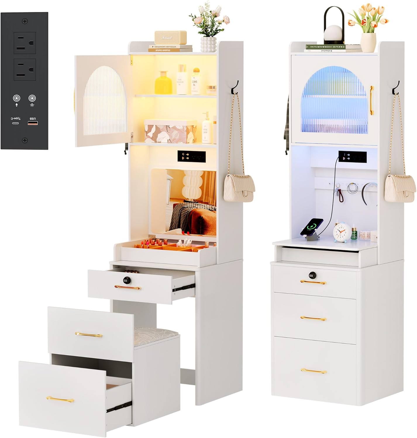KAMABOKO 3 in 1 Vanity Desk with Mirror and LED Lights, Tall Makeup Vanity Set, Human Sensor Led Light, Charging Station & Chair, Strong Storage, Multi-Function, for Bedroom (Black)