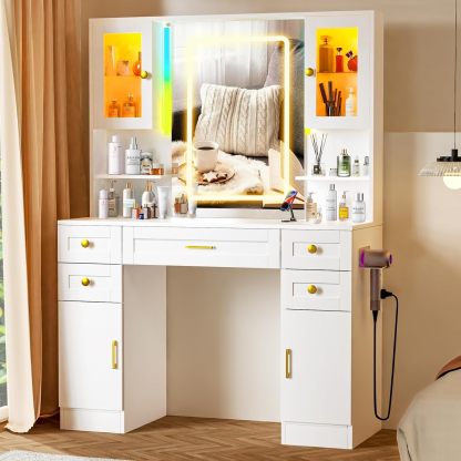 KAMABOKO 3 in 1 Vanity Desk with Mirror and LED Lights, Tall Makeup Vanity Set, Human Sensor Led Light, Charging Station & Chair, Strong Storage, Multi-Function, for Bedroom (Black)