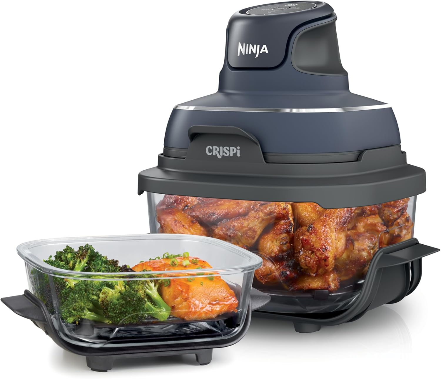 nthtinja Crispi 4-in-1 Portable Glass Air Fryer Cooking System, 1500W, 4QT & 6-Cup TempWare Glass Containers with Storage Lids, Microwave, Freezer & Dishwasher Safe, Cyberspace Gray, FN101GY
