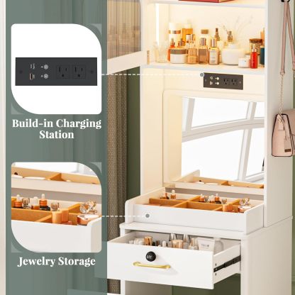 KAMABOKO 3 in 1 Vanity Desk with Mirror and LED Lights, Tall Makeup Vanity Set, Human Sensor Led Light, Charging Station & Chair, Strong Storage, Multi-Function, for Bedroom (Black)