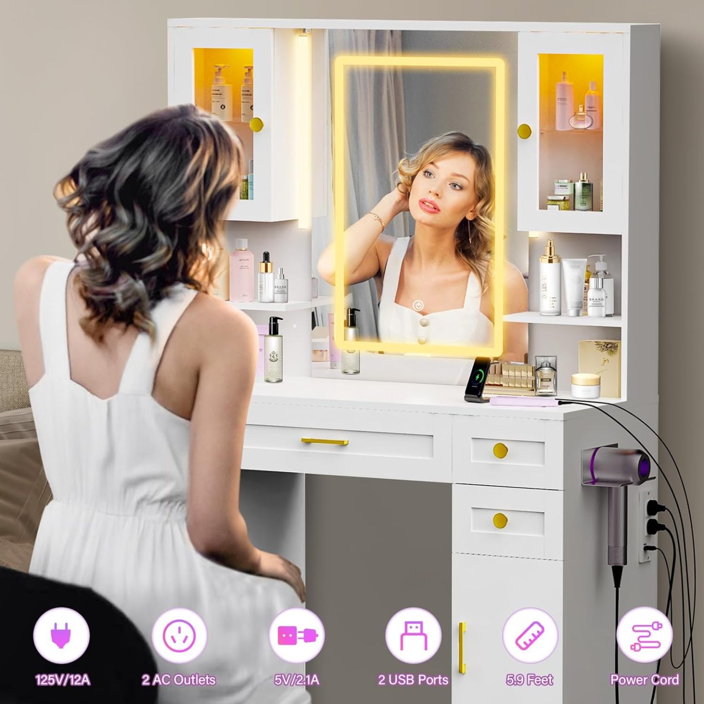 KAMABOKO 3 in 1 Vanity Desk with Mirror and LED Lights, Tall Makeup Vanity Set, Human Sensor Led Light, Charging Station & Chair, Strong Storage, Multi-Function, for Bedroom (Black)