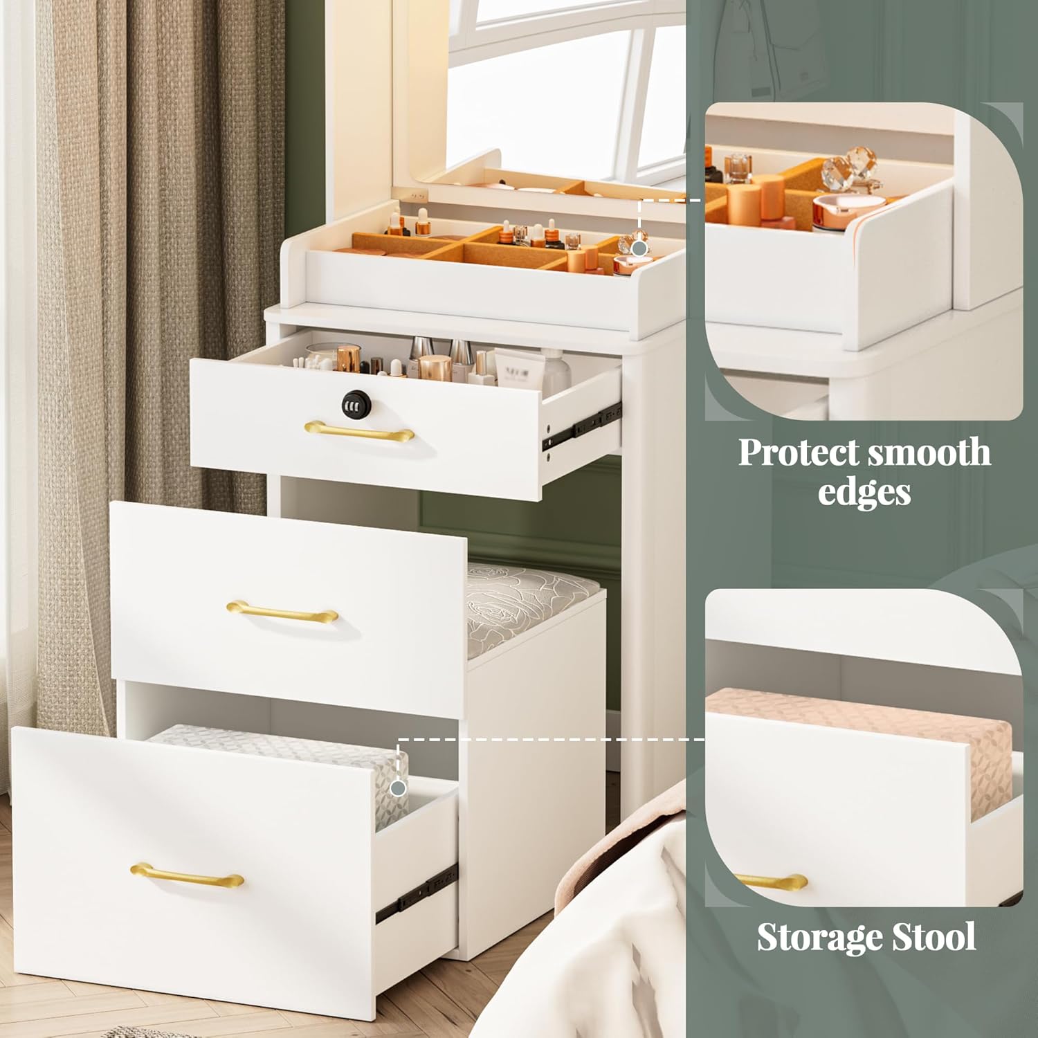 KAMABOKO 3 in 1 Vanity Desk with Mirror and LED Lights, Tall Makeup Vanity Set, Human Sensor Led Light, Charging Station & Chair, Strong Storage, Multi-Function, for Bedroom (Black)