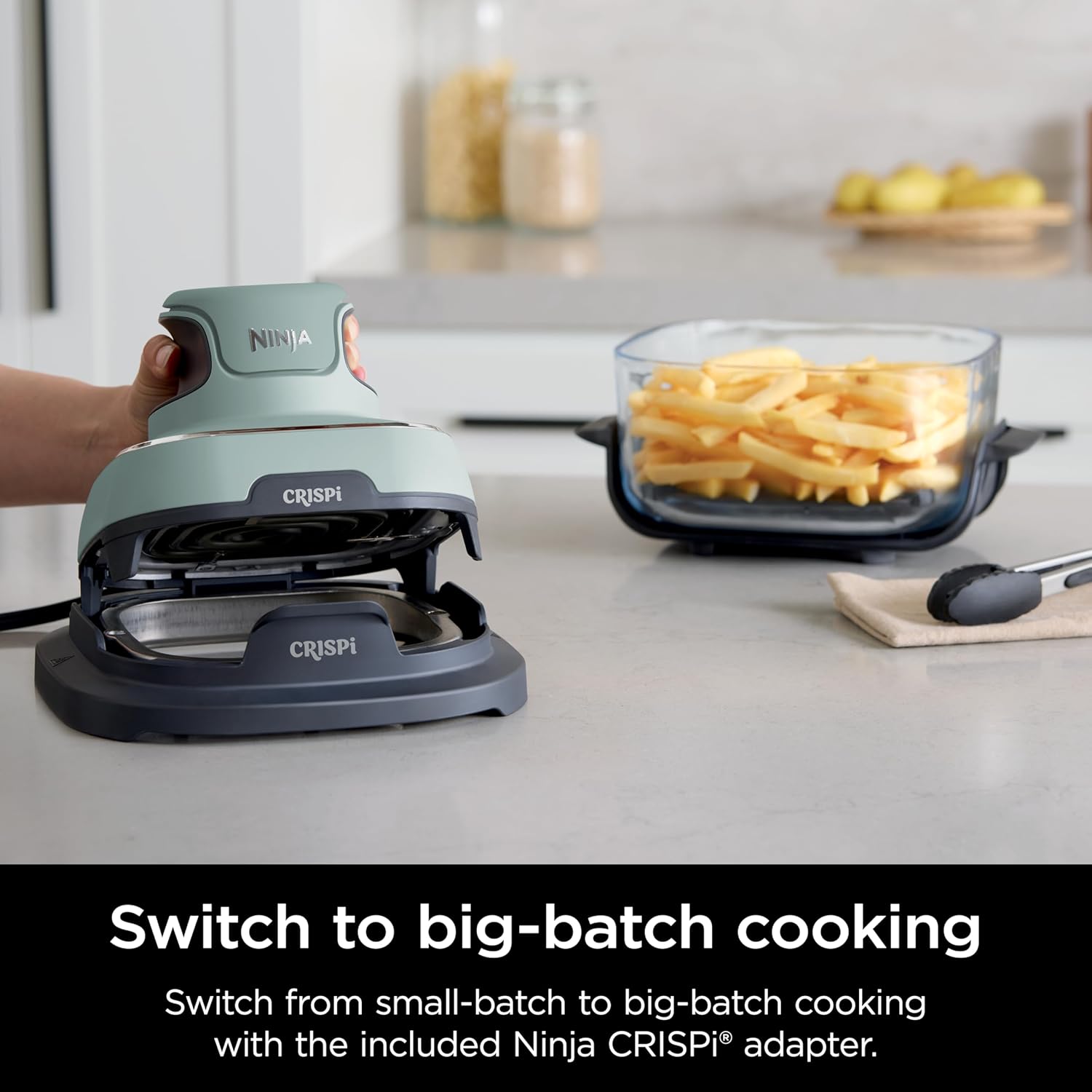 nthtinja Crispi 4-in-1 Portable Glass Air Fryer Cooking System, 1500W, 4QT & 6-Cup TempWare Glass Containers with Storage Lids, Microwave, Freezer & Dishwasher Safe, Cyberspace Gray, FN101GY