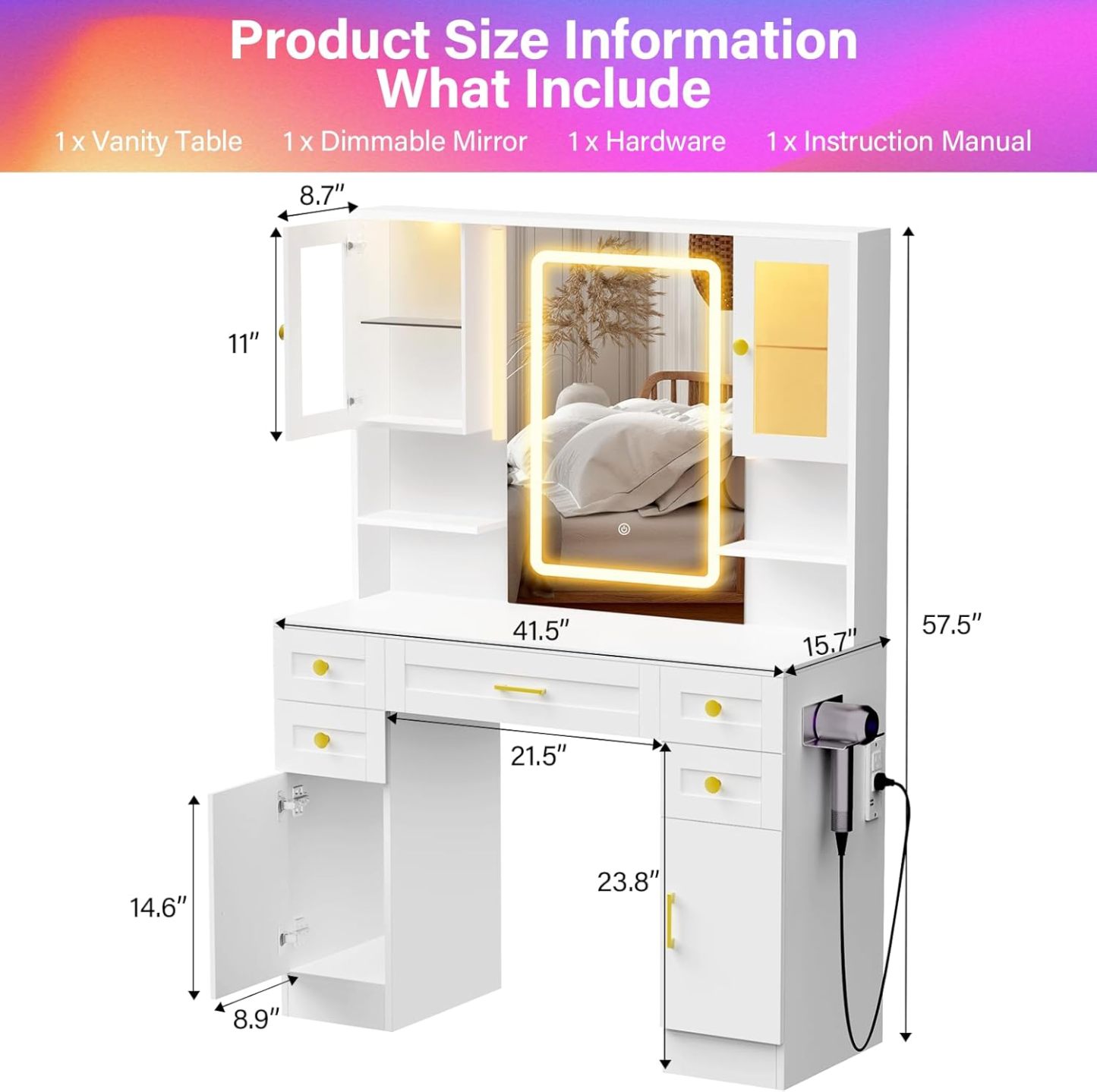 KAMABOKO 3 in 1 Vanity Desk with Mirror and LED Lights, Tall Makeup Vanity Set, Human Sensor Led Light, Charging Station & Chair, Strong Storage, Multi-Function, for Bedroom (Black)