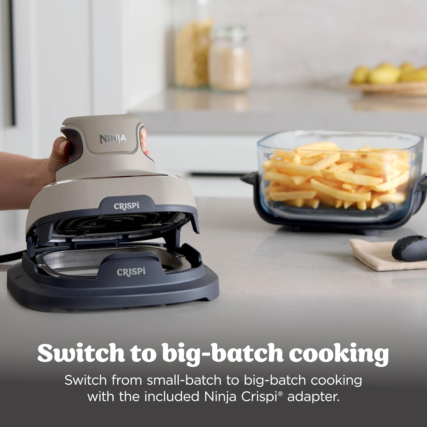 nthtinja Crispi 4-in-1 Portable Glass Air Fryer Cooking System, 1500W, 4QT & 6-Cup TempWare Glass Containers with Storage Lids, Microwave, Freezer & Dishwasher Safe, Cyberspace Gray, FN101GY