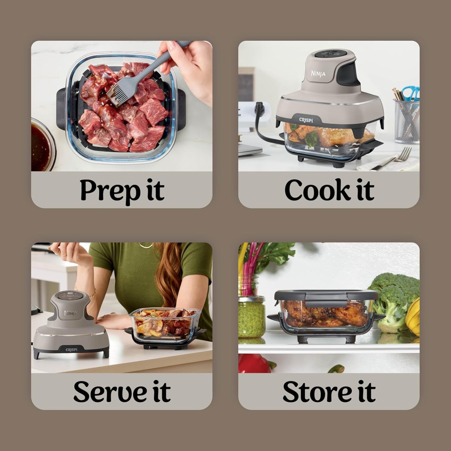 nthtinja Crispi 4-in-1 Portable Glass Air Fryer Cooking System, 1500W, 4QT & 6-Cup TempWare Glass Containers with Storage Lids, Microwave, Freezer & Dishwasher Safe, Cyberspace Gray, FN101GY