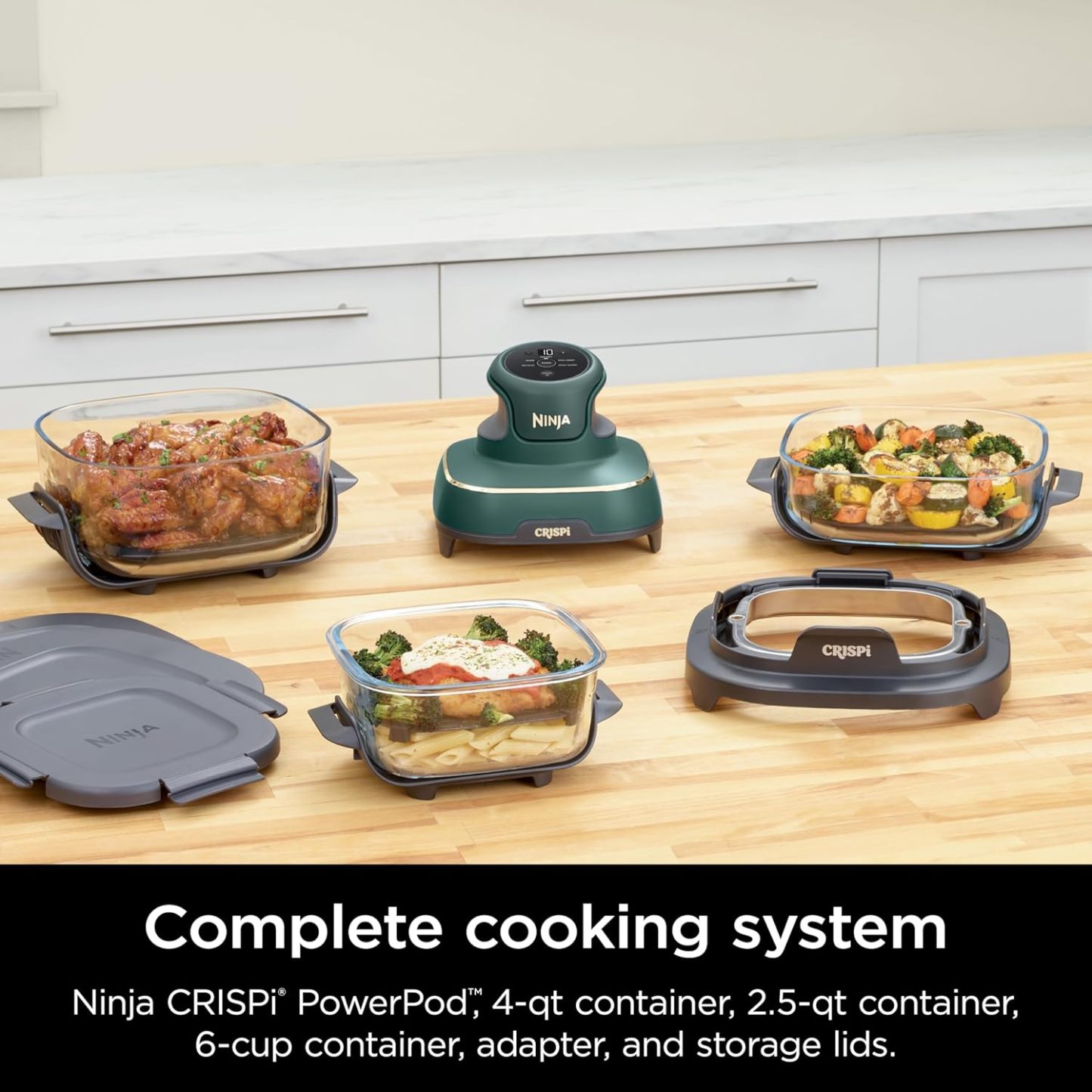 nthtinja Crispi 4-in-1 Portable Glass Air Fryer Cooking System, 1500W, 4QT & 6-Cup TempWare Glass Containers with Storage Lids, Microwave, Freezer & Dishwasher Safe, Cyberspace Gray, FN101GY