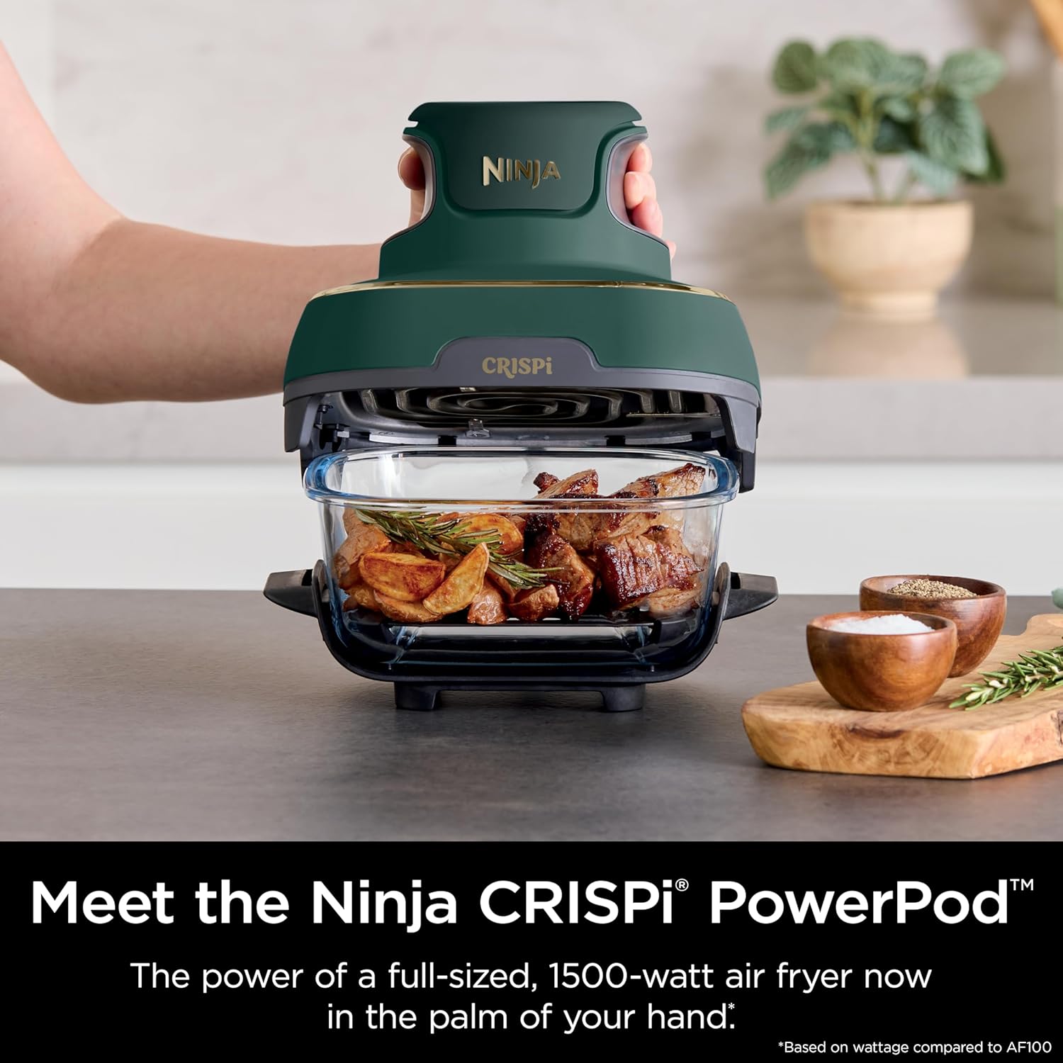 nthtinja Crispi 4-in-1 Portable Glass Air Fryer Cooking System, 1500W, 4QT & 6-Cup TempWare Glass Containers with Storage Lids, Microwave, Freezer & Dishwasher Safe, Cyberspace Gray, FN101GY