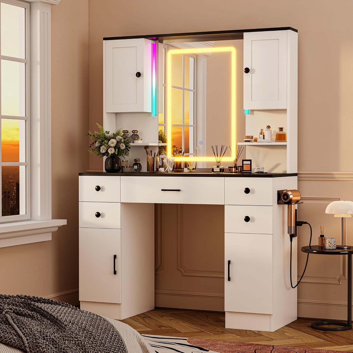 KAMABOKO 3 in 1 Vanity Desk with Mirror and LED Lights, Tall Makeup Vanity Set, Human Sensor Led Light, Charging Station & Chair, Strong Storage, Multi-Function, for Bedroom (Black)