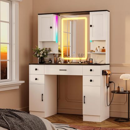 KAMABOKO 3 in 1 Vanity Desk with Mirror and LED Lights, Tall Makeup Vanity Set, Human Sensor Led Light, Charging Station & Chair, Strong Storage, Multi-Function, for Bedroom (Black)