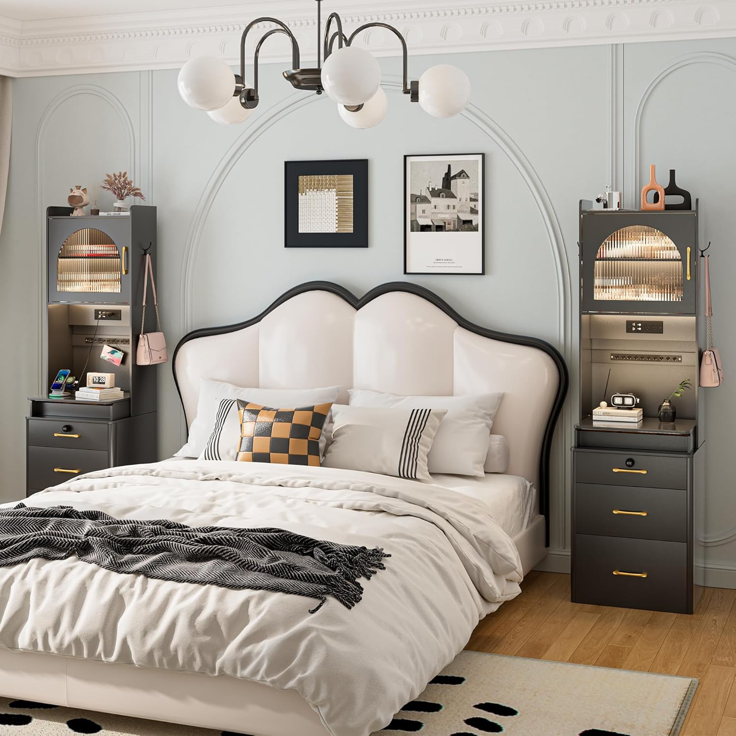 KAMABOKO 3 in 1 Vanity Desk with Mirror and LED Lights, Tall Makeup Vanity Set, Human Sensor Led Light, Charging Station & Chair, Strong Storage, Multi-Function, for Bedroom (Black)