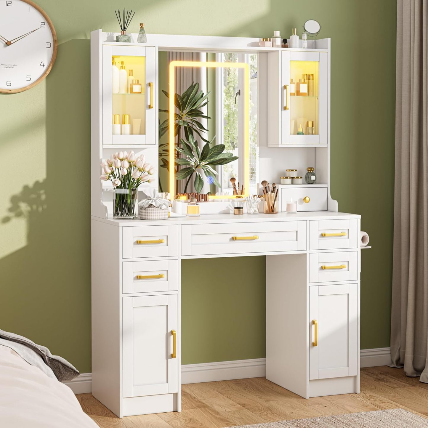 KAMABOKO 3 in 1 Vanity Desk with Mirror and LED Lights, Tall Makeup Vanity Set, Human Sensor Led Light, Charging Station & Chair, Strong Storage, Multi-Function, for Bedroom (Black)