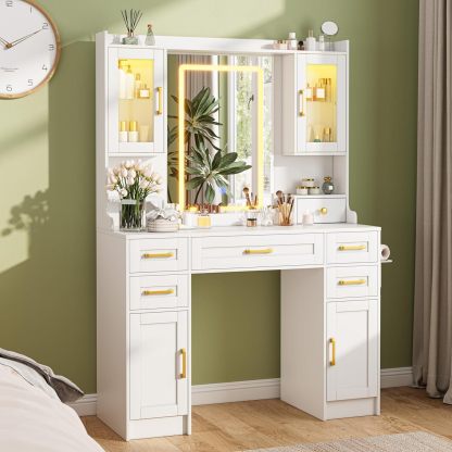 KAMABOKO 3 in 1 Vanity Desk with Mirror and LED Lights, Tall Makeup Vanity Set, Human Sensor Led Light, Charging Station & Chair, Strong Storage, Multi-Function, for Bedroom (Black)