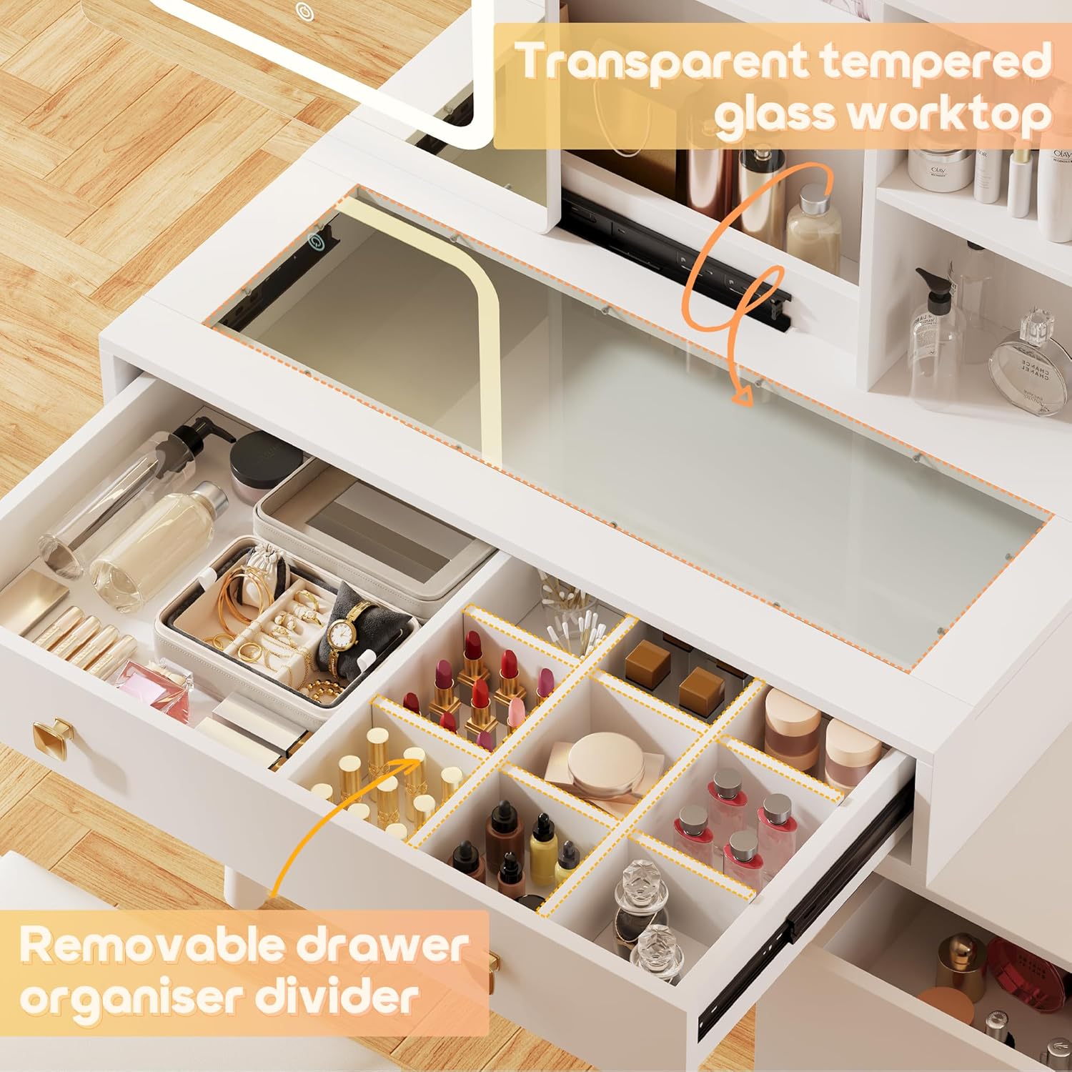 KAMABOKO 3 in 1 Vanity Desk with Mirror and LED Lights, Tall Makeup Vanity Set, Human Sensor Led Light, Charging Station & Chair, Strong Storage, Multi-Function, for Bedroom (Black)