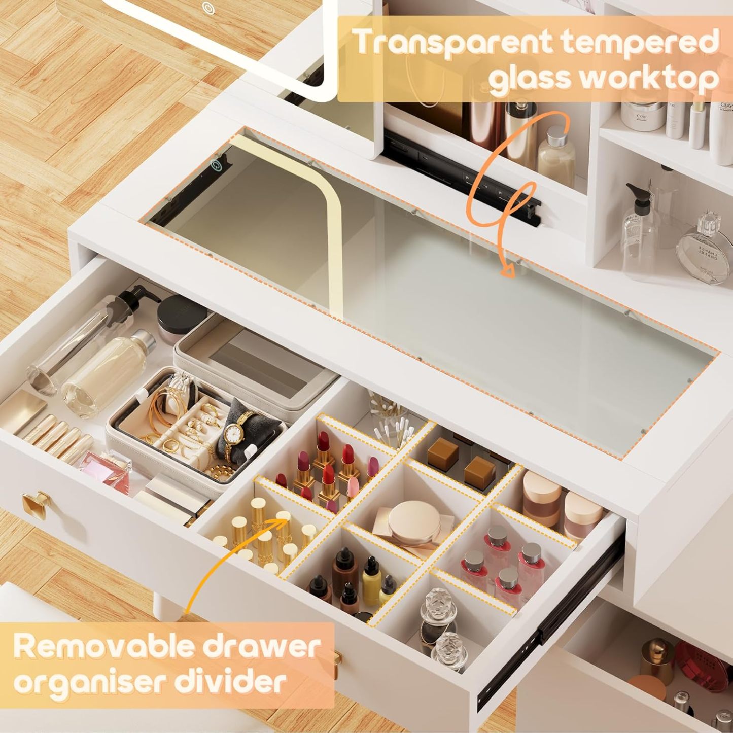 KAMABOKO 3 in 1 Vanity Desk with Mirror and LED Lights, Tall Makeup Vanity Set, Human Sensor Led Light, Charging Station & Chair, Strong Storage, Multi-Function, for Bedroom (Black)