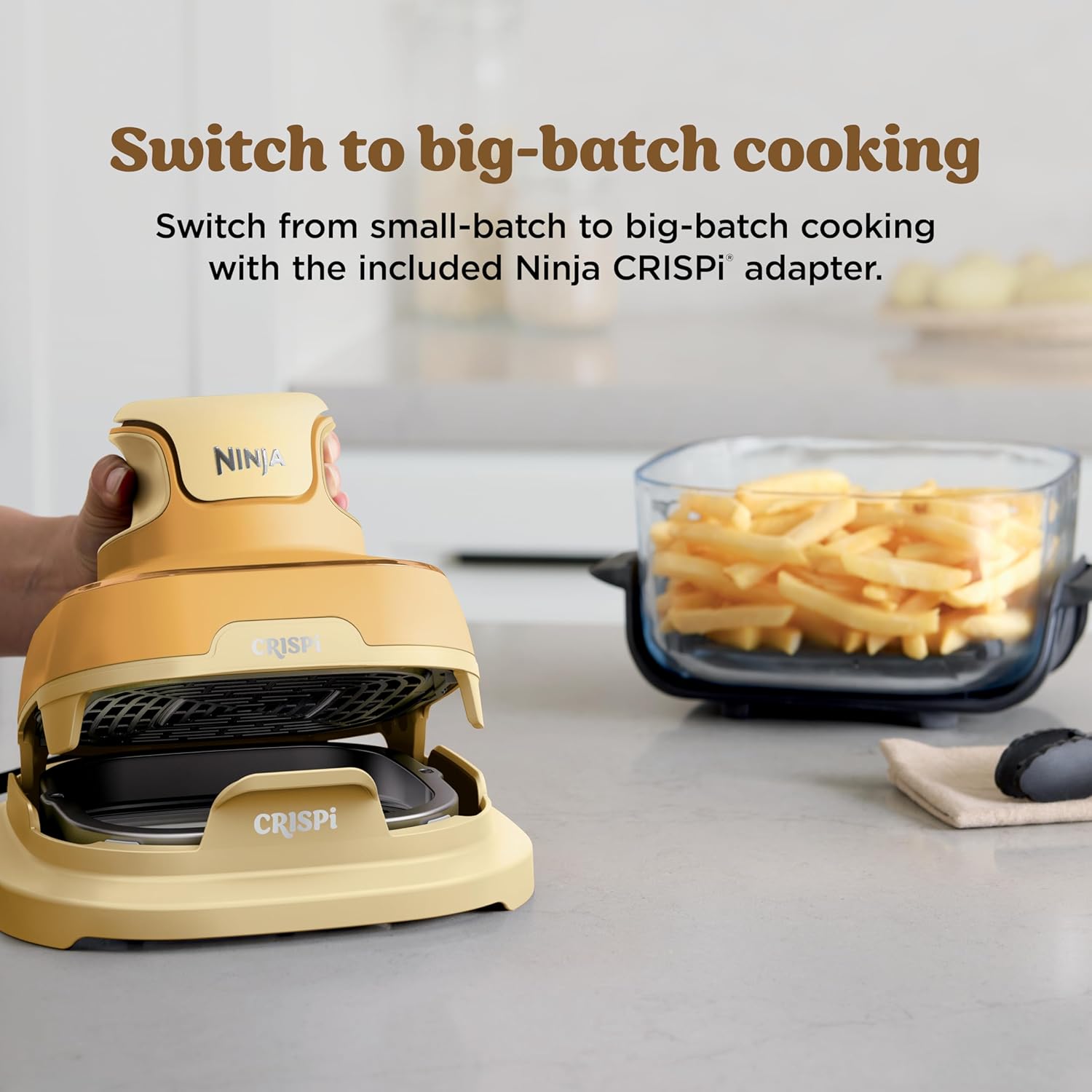 nthtinja Crispi 4-in-1 Portable Glass Air Fryer Cooking System, 1500W, 4QT & 6-Cup TempWare Glass Containers with Storage Lids, Microwave, Freezer & Dishwasher Safe, Cyberspace Gray, FN101GY