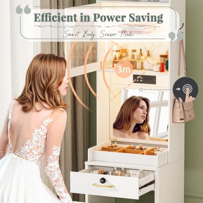 KAMABOKO 3 in 1 Vanity Desk with Mirror and LED Lights, Tall Makeup Vanity Set, Human Sensor Led Light, Charging Station & Chair, Strong Storage, Multi-Function, for Bedroom (Black)
