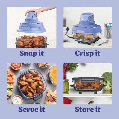 nthtinja Crispi 4-in-1 Portable Glass Air Fryer Cooking System, 1500W, 4QT & 6-Cup TempWare Glass Containers with Storage Lids, Microwave, Freezer & Dishwasher Safe, Cyberspace Gray, FN101GY
