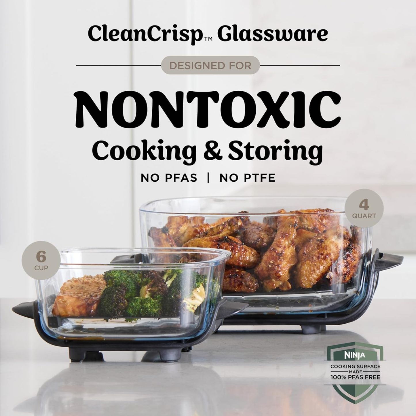 nthtinja Crispi 4-in-1 Portable Glass Air Fryer Cooking System, 1500W, 4QT & 6-Cup TempWare Glass Containers with Storage Lids, Microwave, Freezer & Dishwasher Safe, Cyberspace Gray, FN101GY