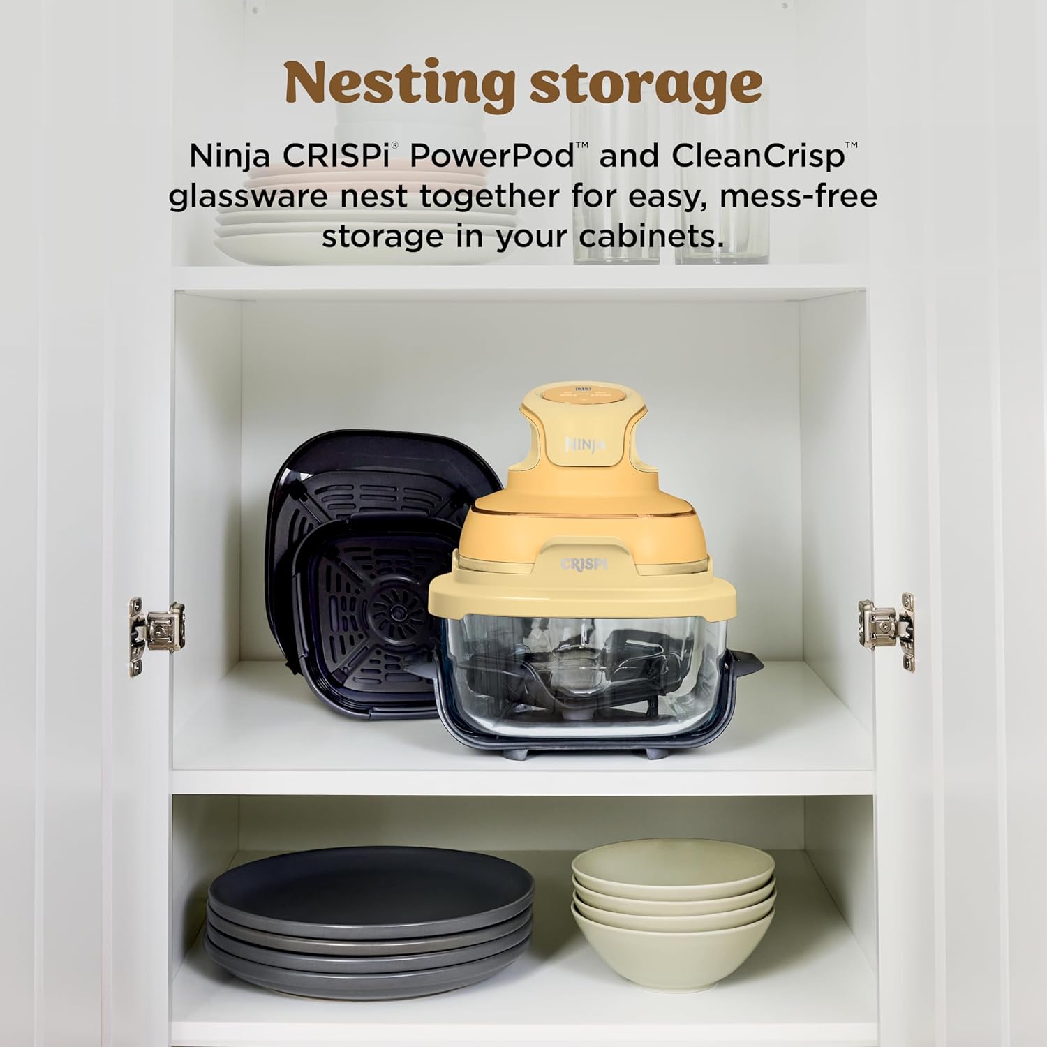 nthtinja Crispi 4-in-1 Portable Glass Air Fryer Cooking System, 1500W, 4QT & 6-Cup TempWare Glass Containers with Storage Lids, Microwave, Freezer & Dishwasher Safe, Cyberspace Gray, FN101GY