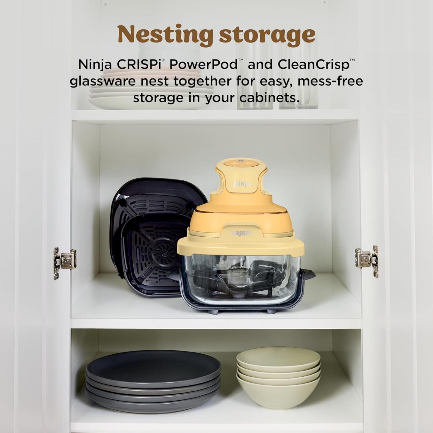 nthtinja Crispi 4-in-1 Portable Glass Air Fryer Cooking System, 1500W, 4QT & 6-Cup TempWare Glass Containers with Storage Lids, Microwave, Freezer & Dishwasher Safe, Cyberspace Gray, FN101GY