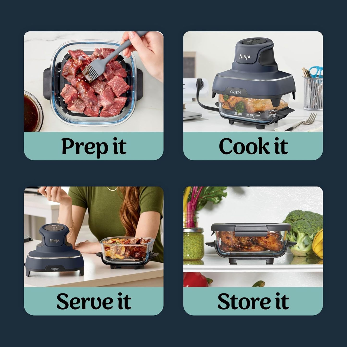 nthtinja Crispi 4-in-1 Portable Glass Air Fryer Cooking System, 1500W, 4QT & 6-Cup TempWare Glass Containers with Storage Lids, Microwave, Freezer & Dishwasher Safe, Cyberspace Gray, FN101GY